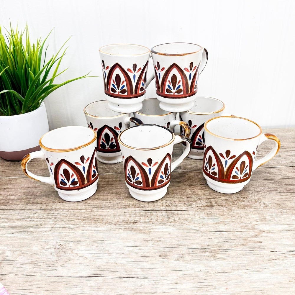 Vintage Gothic Stoneware Mug Set of 8: Cathedral Arch Stained Glass Pattern